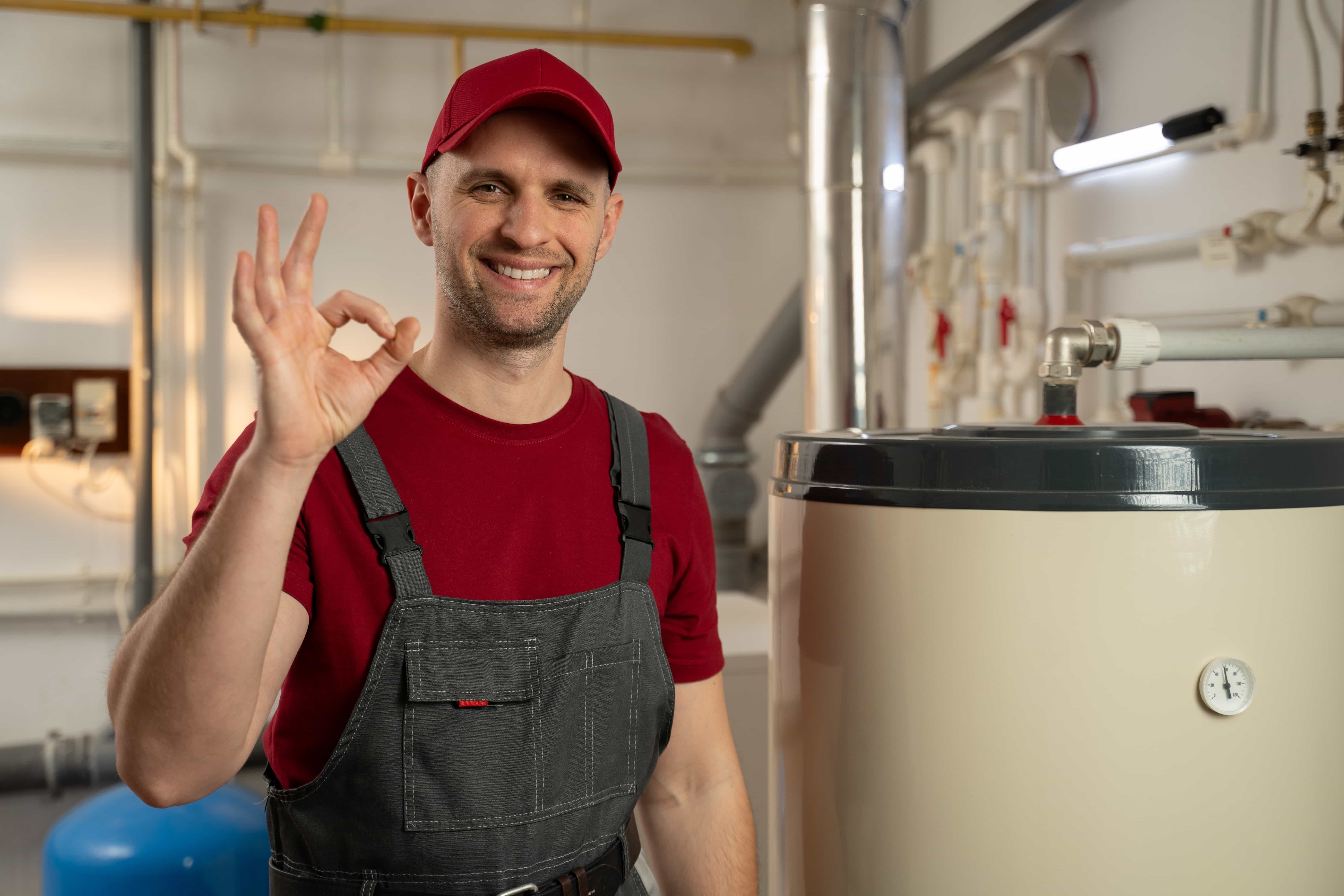 Happy person standing next to a water heater